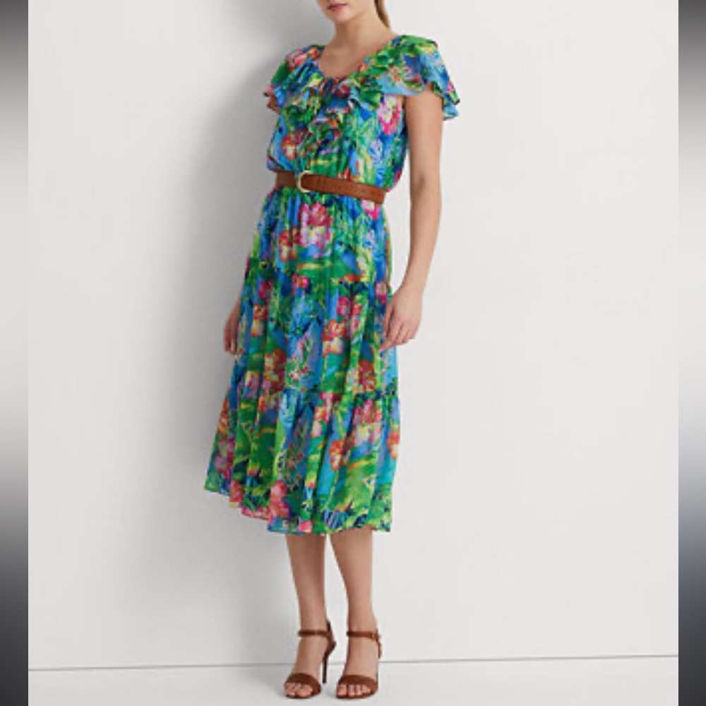 Ralph Lauren Black Label Floral Crinkle Georgette Tiered Maxi Dress 6P Tropical